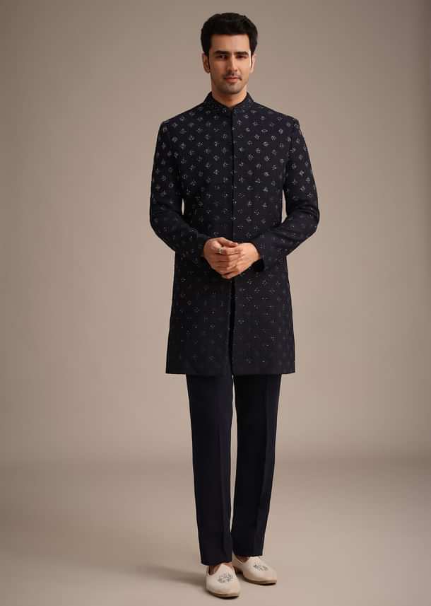 Blue Silk Indowestern Set With Cutdana Work