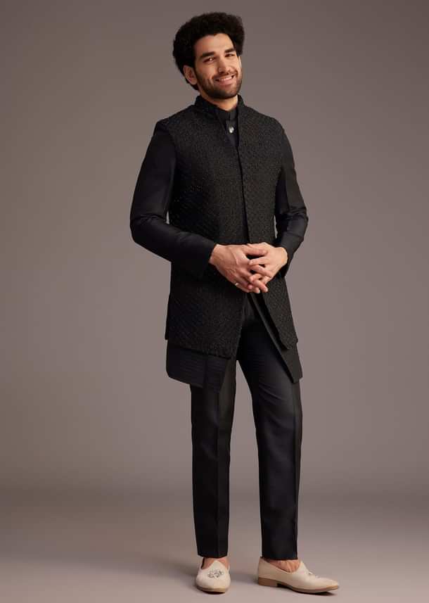 Black Textured Bandhgala With Embellished Full Sleeve Jacket Black Textured Bandhgala With Embellished Full Sleeve Jacket