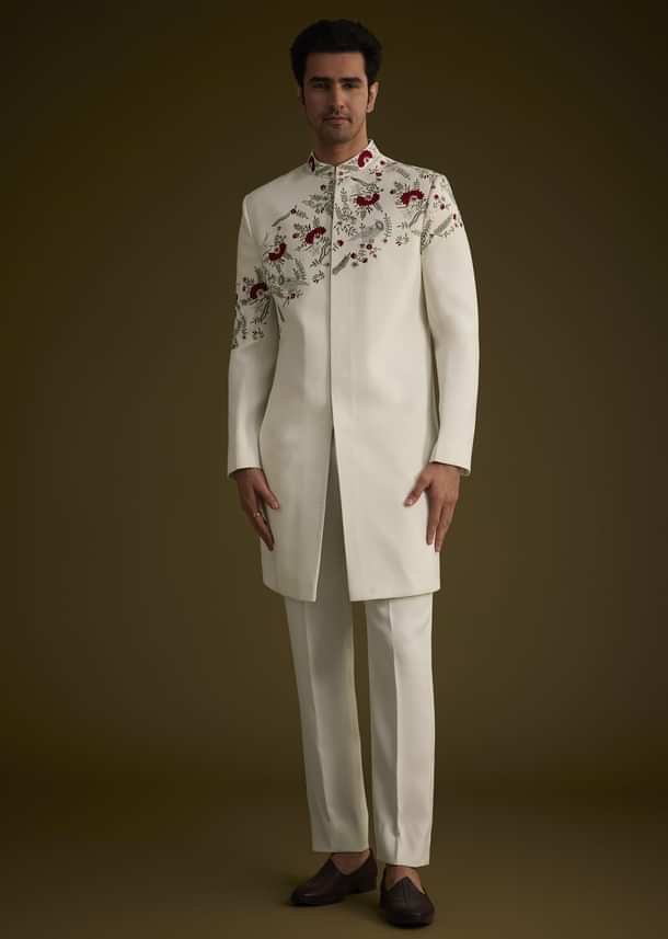 Off White Indowestern With Hand Embroidered Bird And Floral Pattern