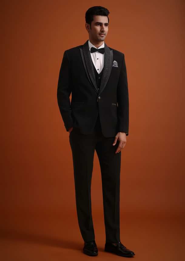 Black Resham Work Tuxedo And Pant Set