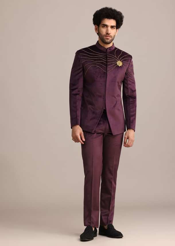 Wine Suede Jodhpuri Set With Patch Work Wine Suede Jodhpuri Set With Patch Work