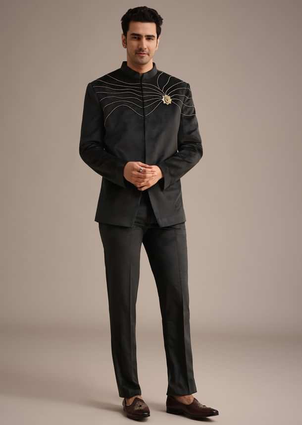 Black Embroidered Jodhpuri Set With Poth Work In Suede Black Embroidered Jodhpuri Set With Poth Work In Suede