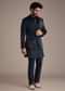 Blue Jacquard Kurta Jacket Set With Broach