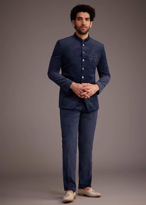 Blue Bandhgala With Embroidered Motif Blue Bandhgala With Embroidered Motif