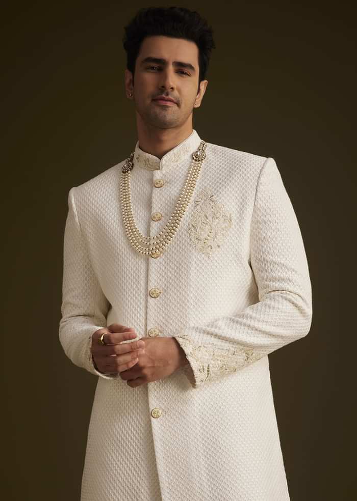 Ivory Embroidered Sherwani Set With Pearl Detailing