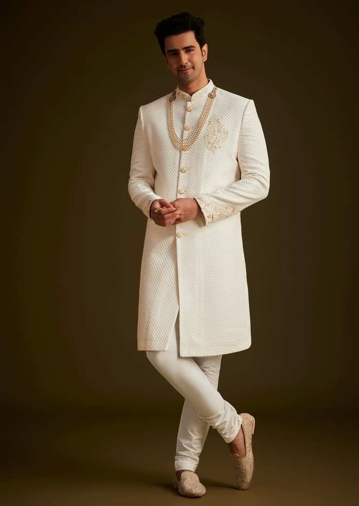 Ivory Embroidered Sherwani Set With Pearl Detailing