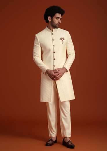 Beige Silk Threadwork Sherwani With Dhagai Work