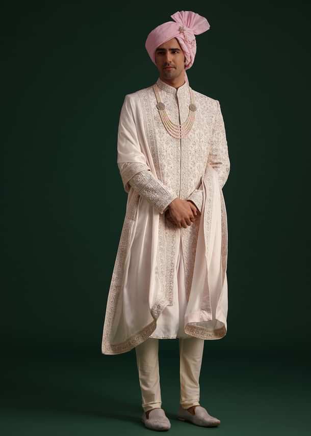 Pink Silk Threadwork Sherwani Set With Anarkali Kurta