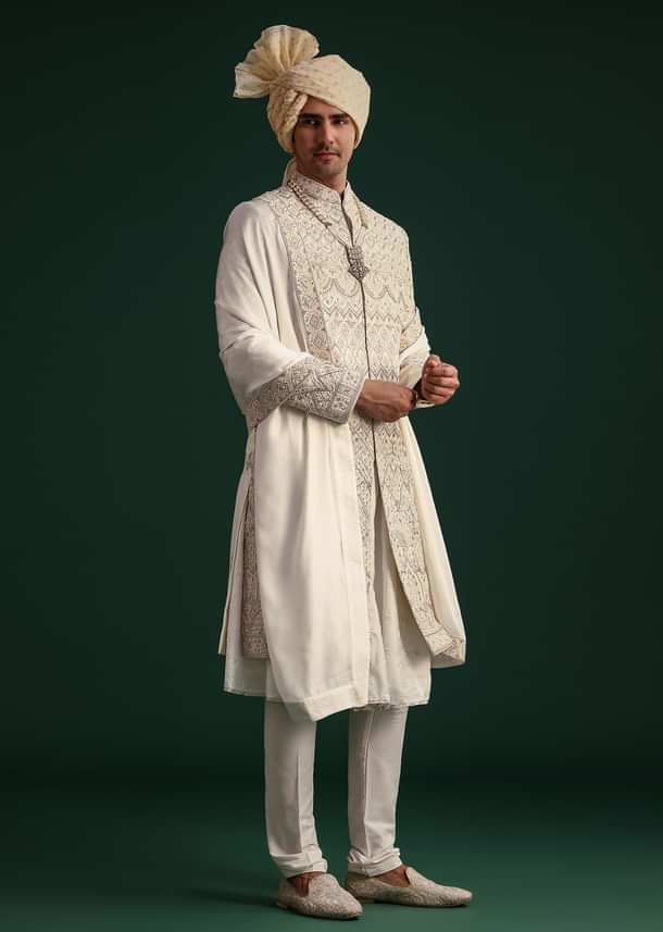 Off White Silk Threadwork Sherwani Suit With Dupatta And Mala