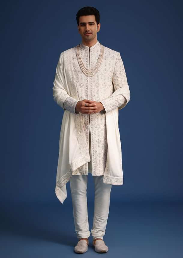 Off White Lucknowi Sherwani Set With Sequin Work