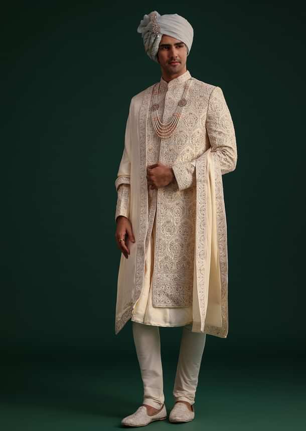 Gold Silk Zari Embroidered Sherwani Suit With Dupatta And Mala