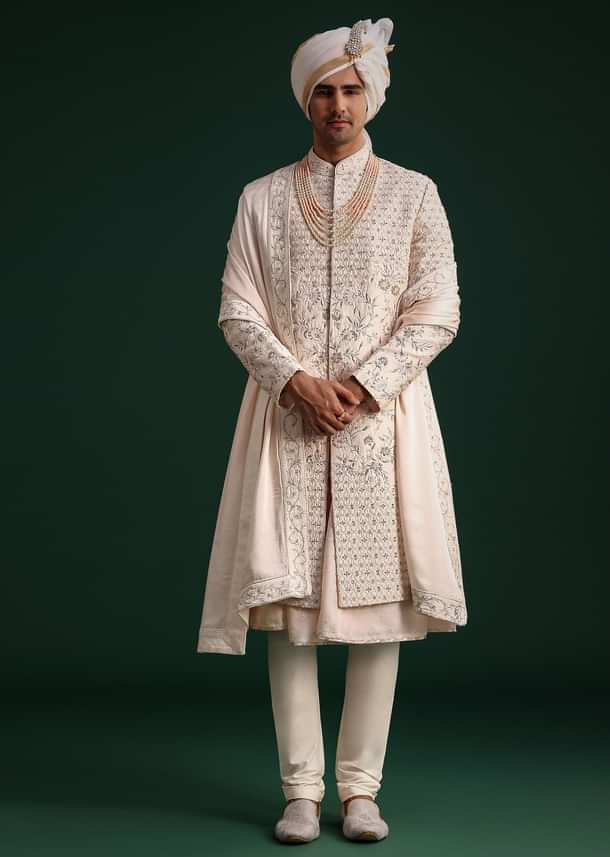 Peach Silk Zari Embroidered Sherwani Suit With Mala And Dupatta