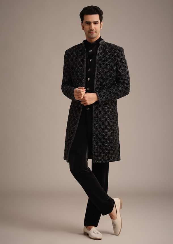 Black Velvet Indowestern Set With Sequin Work Black Velvet Indowestern Set With Sequin Work