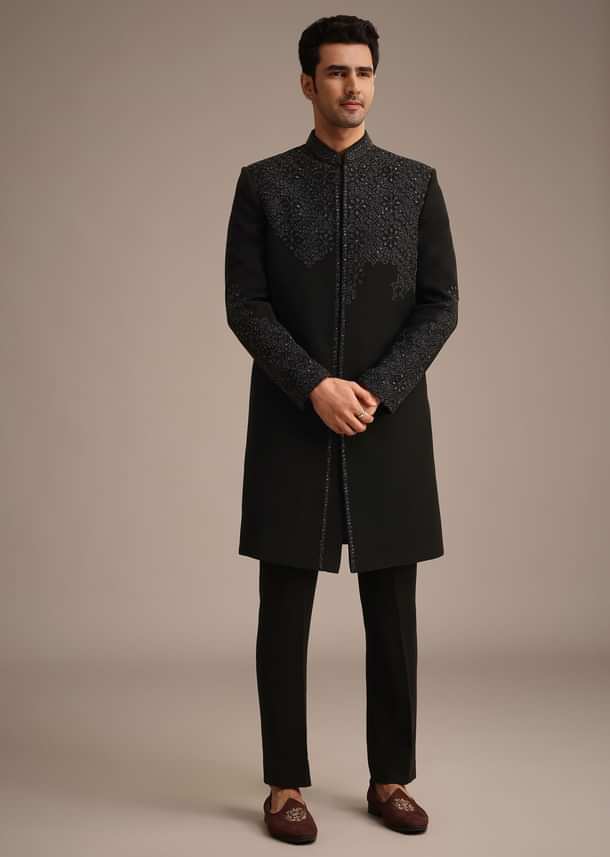 Black Embroidered Indowestern Set With Cutdana Work Black Embroidered Indowestern Set With Cutdana Work