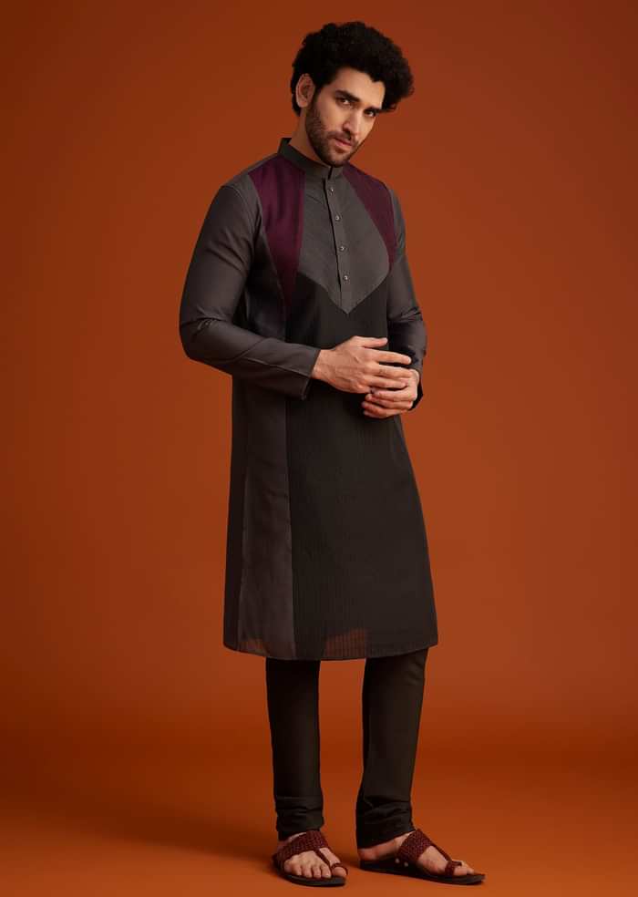 Wine Kurta Pajama Set With Contrast Panel Design