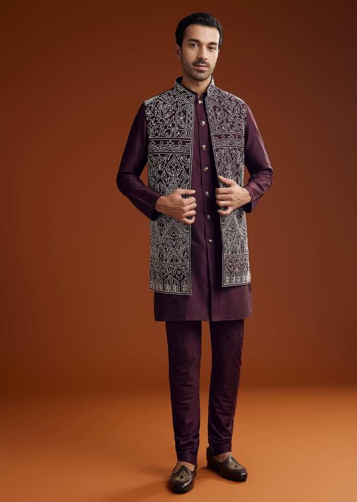 Wine Jacket Kurta Set With Thread Resham Embroidery
