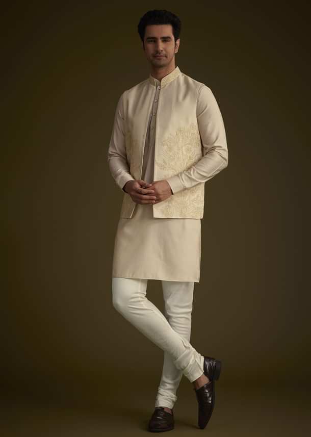 Beige Silk Blend Kurta Set With Embroidered Nehru Jacket