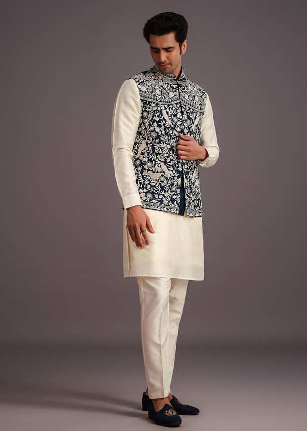 Beige Silk Threadwork Jacket Kurta Set For Men