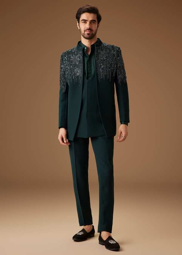 Green Embroidered Indo Western Jacket Set