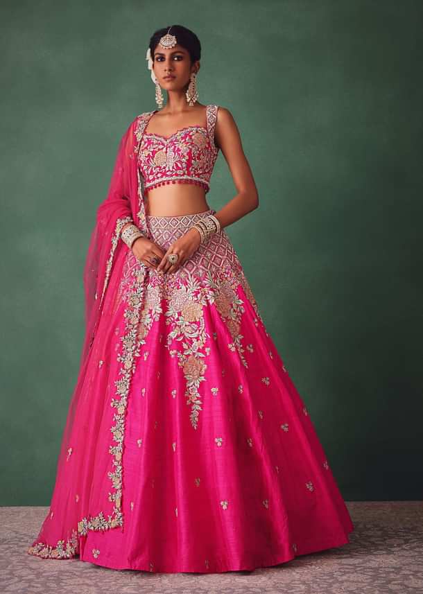 Fuschia Pink Raw Silk Multi Colour Threadwork Lehenga Dupatta With Embroidered Blouse
