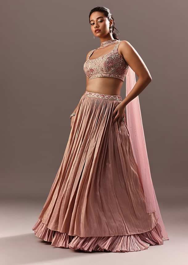 Dusty Pink Ruching Lehenga With Embroidered Blouse And Choker Dupatta