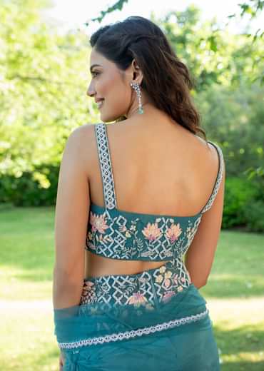 Blue Hand Embroidered Blouse And Drape Skirt With Cape