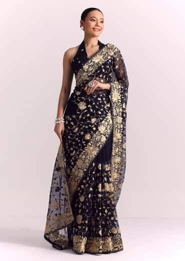 Blue Organza Parsi Gara Embroidered Saree