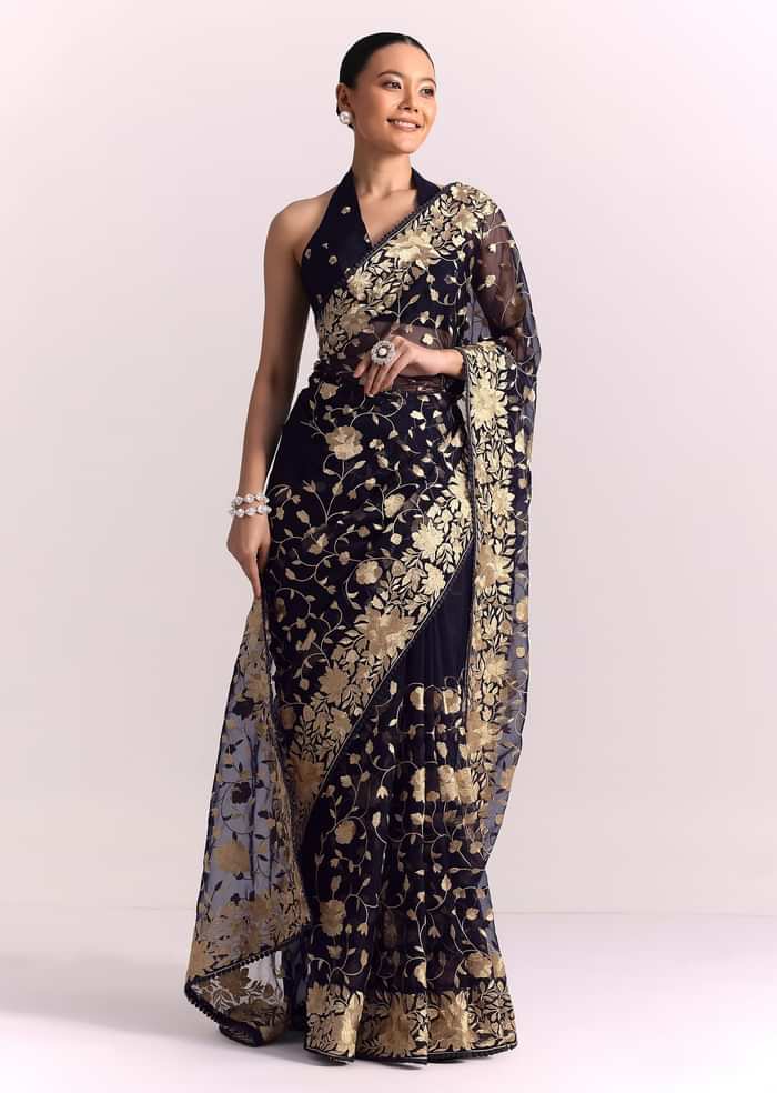 Blue Organza Parsi Gara Embroidered Saree