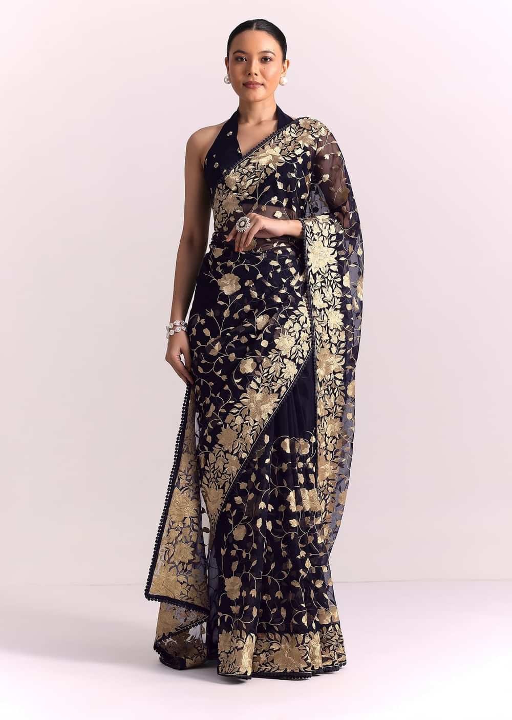 Blue Organza Parsi Gara Embroidered Saree