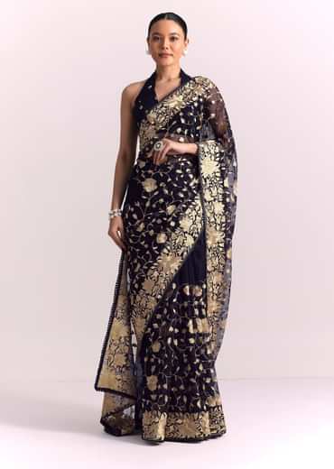 Blue Organza Parsi Gara Embroidered Saree