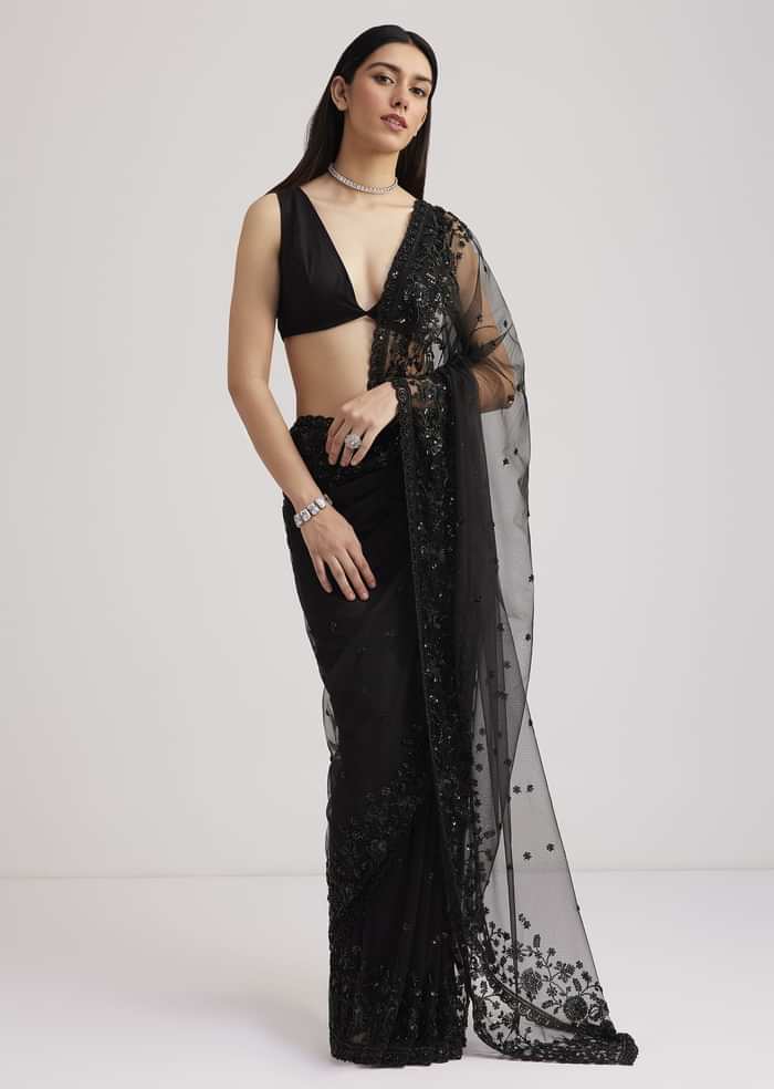Black Net Heavy Embroidered Saree With Sequins And Stones