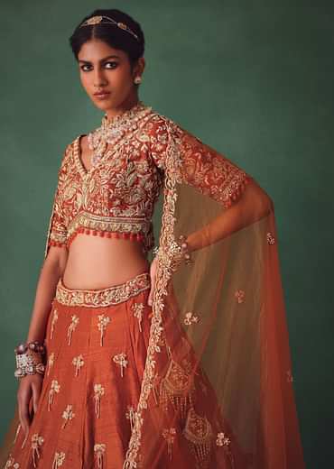 Rust Raw Silk Bridal Kali Lehenga With Embroidered Blouse And Dupatta