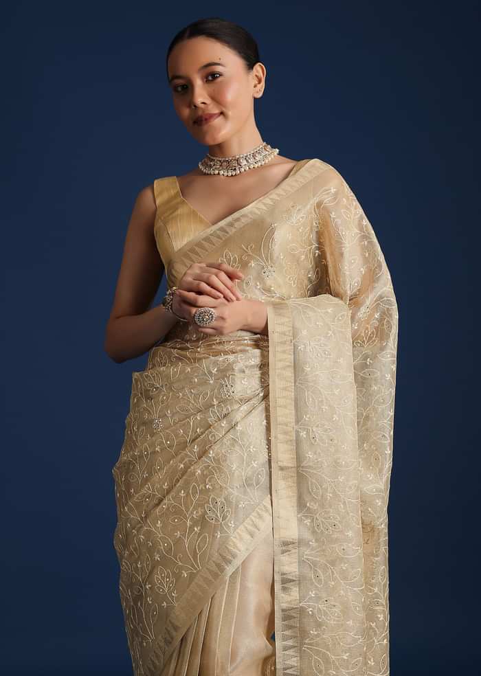Gold Saree In Tissue Silk with Floral Resham Work