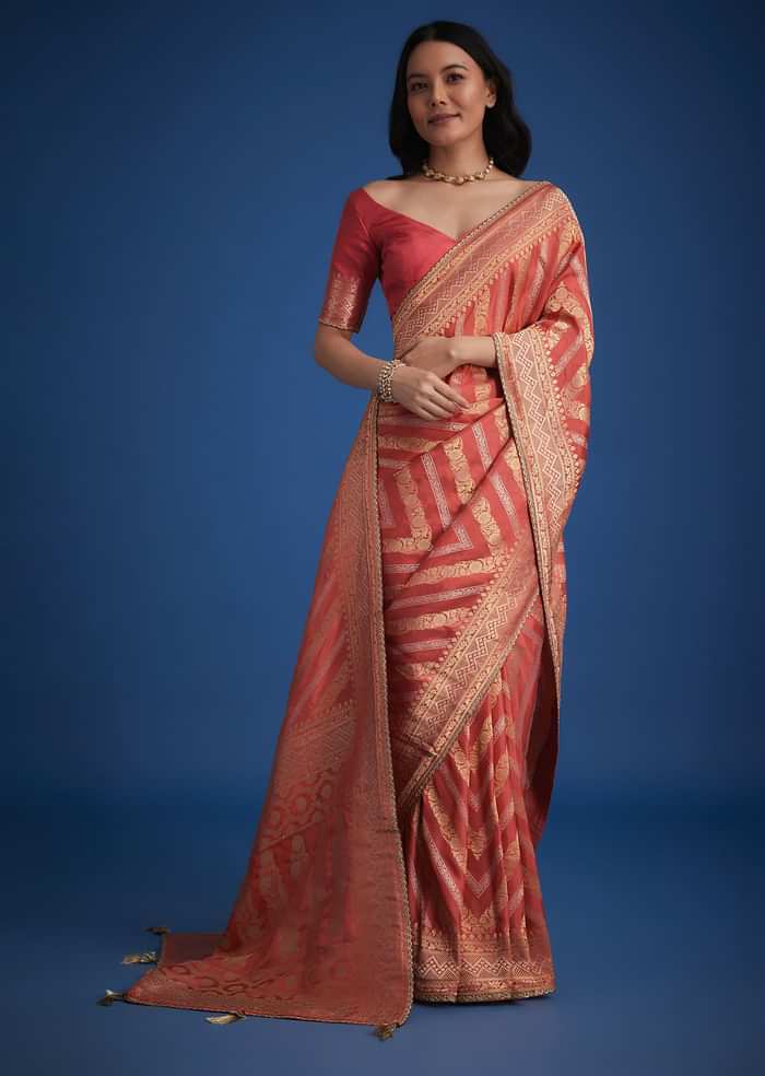 Peach Dola Silk Saree With Zari Work And Gota Patti Border