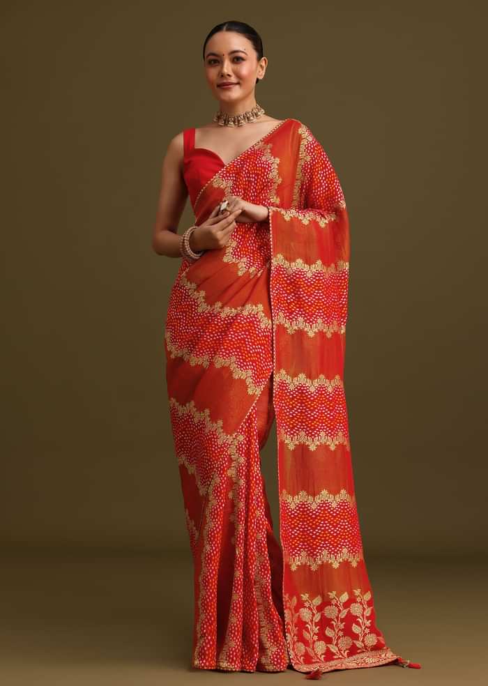 Red Khaddi Georgette Saree With Gotta Patti Border And Unstitched Blouse