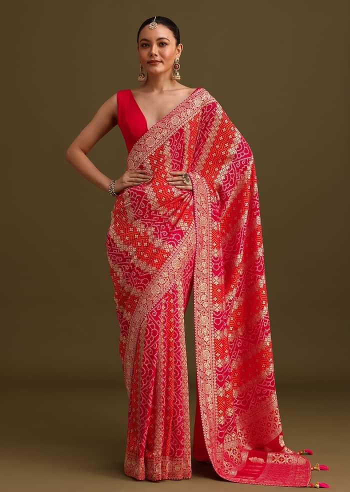 Pink Khaddi Georgette Saree With Gotta Patti Border And Unstitched Blouse