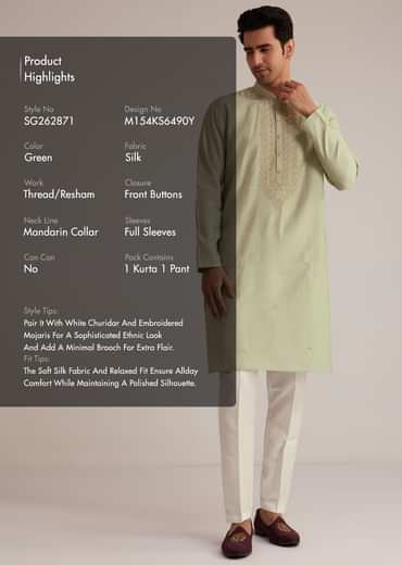Pista Green Silk Kurta Set With Thread Embroidery