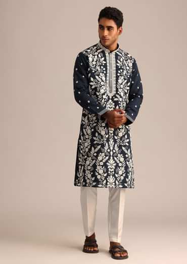 Navy Blue Kurta Set With Floral Resham Work