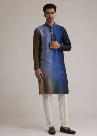 Blue Ombre Silk Kurta Set With Mirror Embellishments