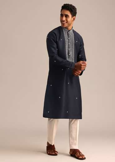 Navy Blue Silk Kurta Set With Resham Embroidered Work