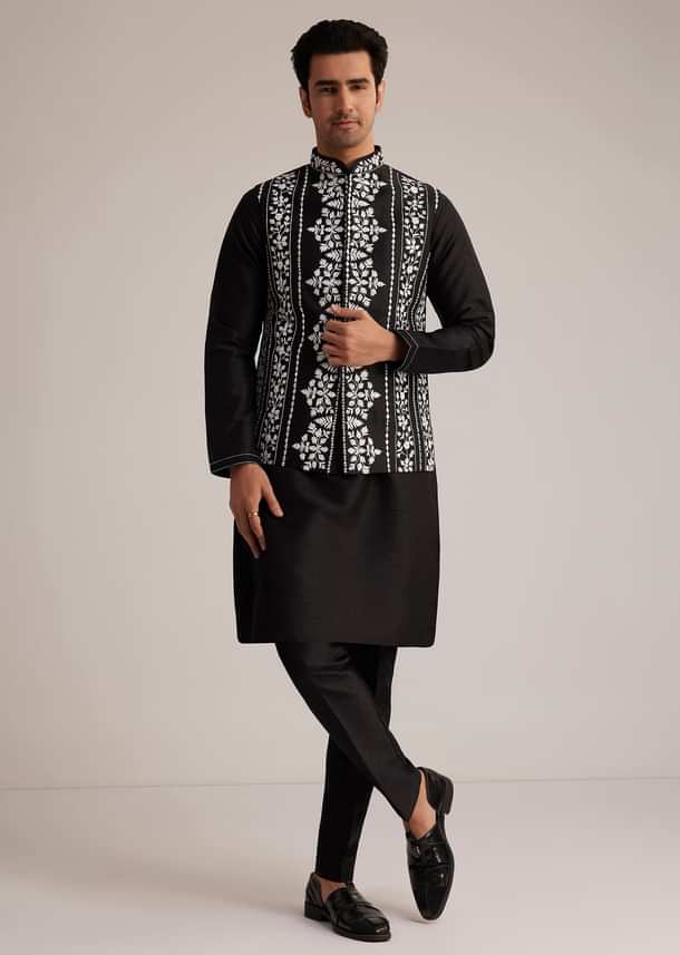 Black Cotton Silk Embroidered Jacket Kurta Set Black Cotton Silk Embroidered Jacket Kurta Set