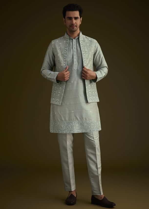 Pista Green Silk Jacket Set With Resham And Mirror Work