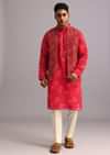 Red Floral Print Jacket Kurta Set In Georgette