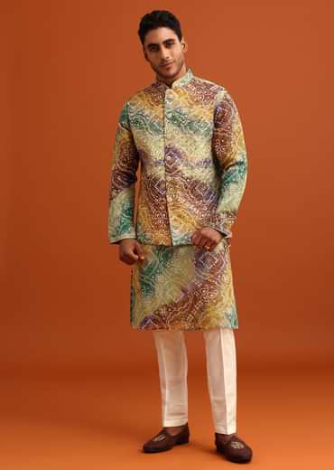 Green Bandhani Print Jacket Kurta Set In Georgette