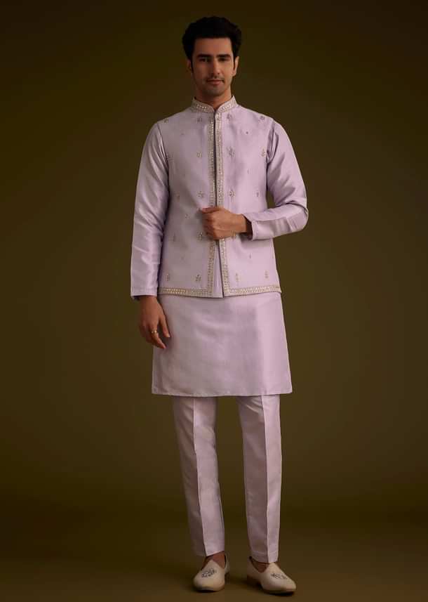 Light Lilac Cotton Silk Jacket Set With Floral Sequin Butti Embroidery Light Lilac Cotton Silk Jacket Set With Floral Sequin Butti Embroidery