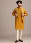 Yellow Georgette Kurta And Jacket Set With Mirror Work