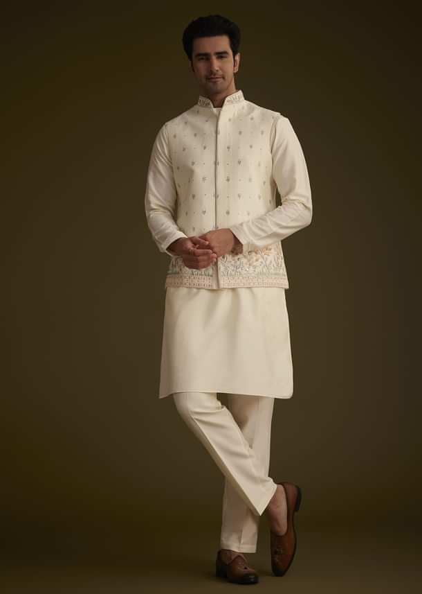 Off White Cotton Silk Jacket Set With Multicolored Floral Embroidery