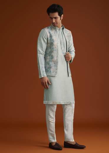 Grey Kurta Pant Set With Mirror Work Nehru Jacket