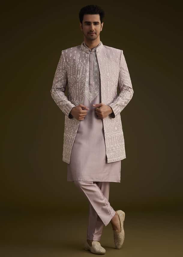Lilac Silk Sherwani Set With Thread And Stone Work