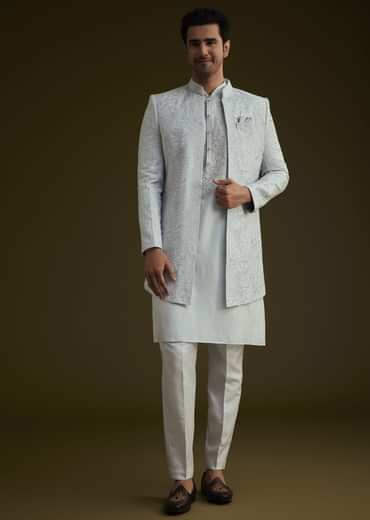 Ice Blue Silk Sherwani Set With Floral Resham And Mirror Work